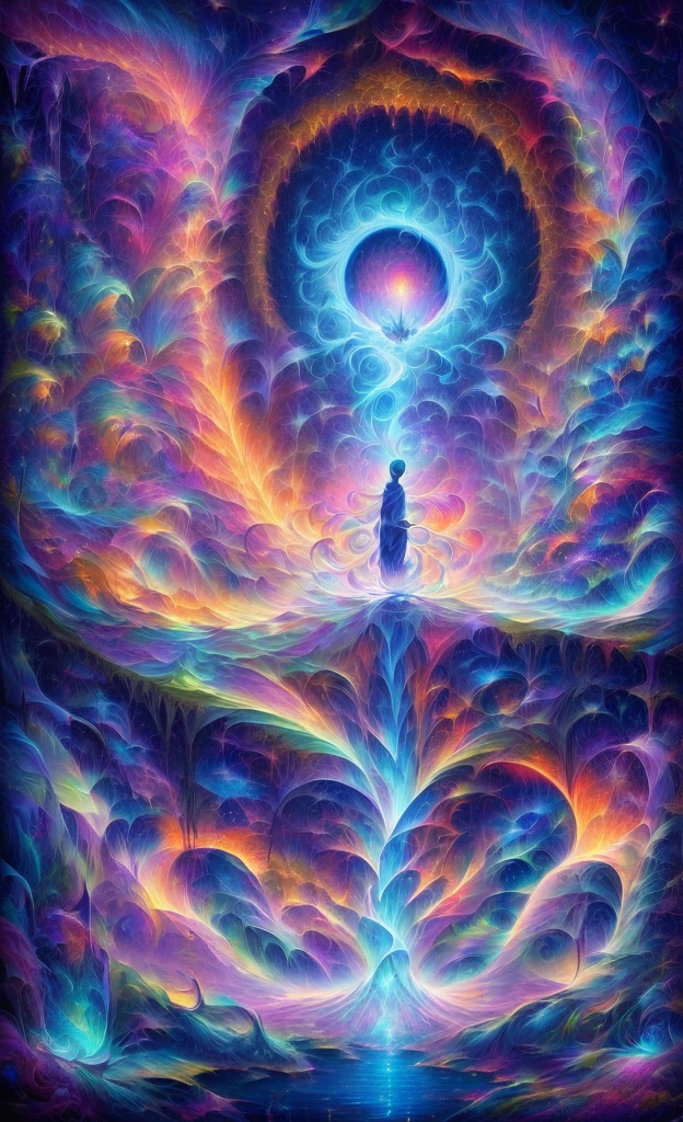 A dreamlike, mythical image of a man composed entirely of ethereal energy. His form is a fluid, luminous construct of swirling, colorful ether, shifting hues and patterns that evoke a sense of magic and surrealism. The man's silhouette is both defined and fluid, with radiant tendrils of light extending and blending into the surrounding space. The background is a fantastical, otherworldly landscape, with soft, glowing colors and misty, dreamlike elements that enhance the mystical atmosphere. The overall scene is enchanting and surreal, capturing the essence of a magical being made of pure, vibrant energy, suspended in a realm where reality and dreams intertwine.