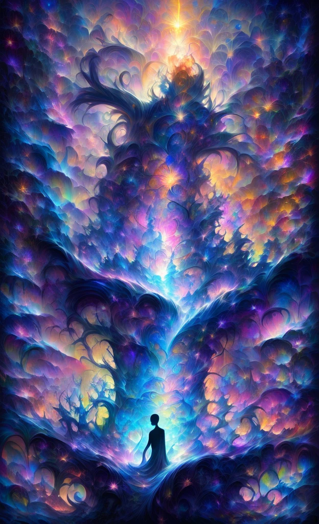 A dreamlike, mythical image of a man composed entirely of ethereal energy. His form is a fluid, luminous construct of swirling, colorful ether, shifting hues and patterns that evoke a sense of magic and surrealism. The man's silhouette is both defined and fluid, with radiant tendrils of light extending and blending into the surrounding space. The background is a fantastical, otherworldly landscape, with soft, glowing colors and misty, dreamlike elements that enhance the mystical atmosphere. The overall scene is enchanting and surreal, capturing the essence of a magical being made of pure, vibrant energy, suspended in a realm where reality and dreams intertwine.