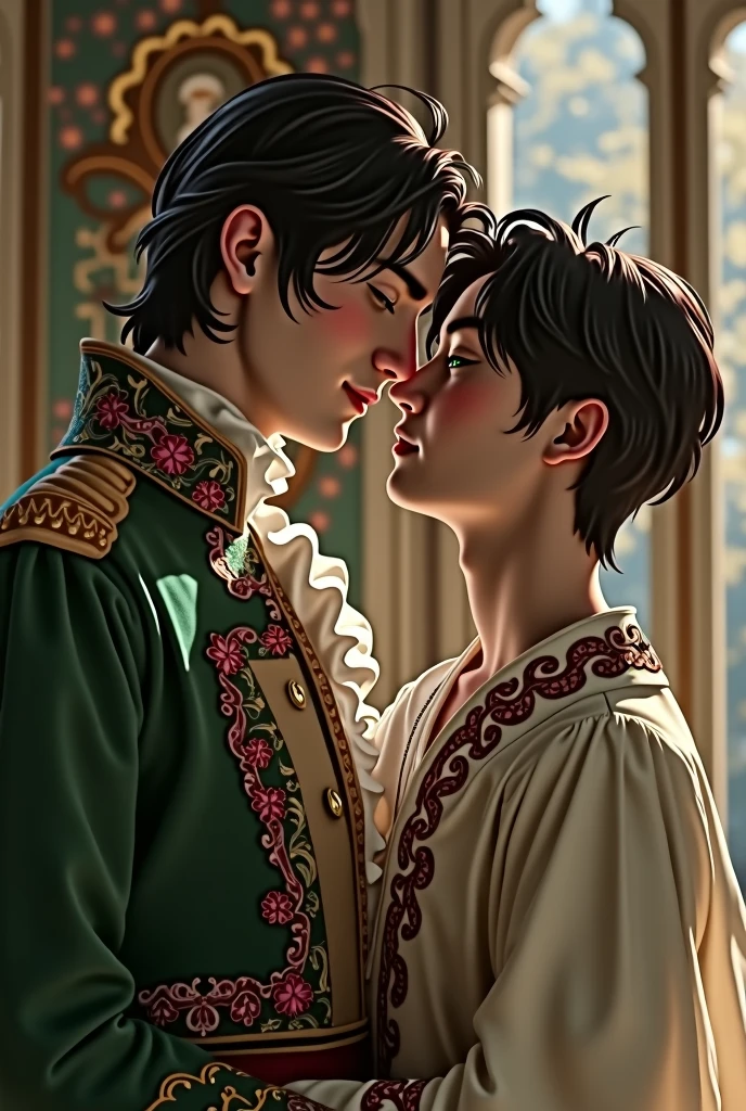 A gay couple, where one of them is an Italian prince who has dark hair and green eyes and the other is a boy with Korean features.