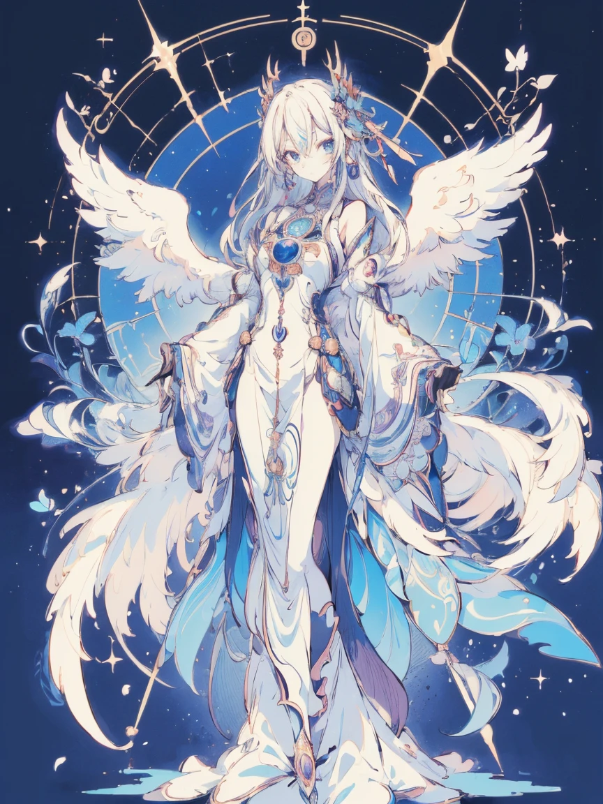 (design：nty:1.4),Full-body portrait of one girl, 天野喜孝 キャラクターdesign,solo,Angelic, Symmetrical beauty, Angelic羽, Gorgeous long dress, stand up, (((solo))), colorful collocations，Distinct facial features, すっきりとしたラインのdesign, Magical Elements, future technology, ((Tarot Card Backgrounds)), standing figure, ((Flat Color)), (masterpiece，Highest quality，Highest quality，Ultra-high resolution), ((Exquisite facial features，Distinct facial features，Beautiful Eyes，Beautiful Face))