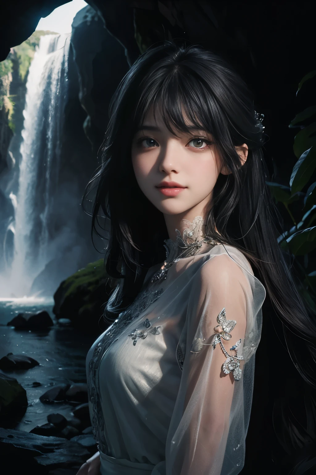 (ultra realistic) , (illustration), (increase resolution), (8K), (extremely detailed), (best illustration), (beautiful detailed eyes), (best quality), (ultra-detailed), (masterpiece), (wallpaper), (detailed face), 1 girl, black straight hair, slender body, delicate details, in the dark, deep shadow, low key, pureerosfaceace_v1, happy smile, summer dress, waterfall, rainforest