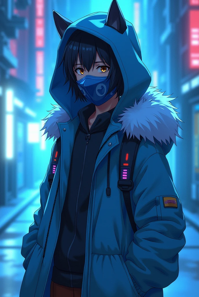 teenager wearing a coat with furry dog ears on the cap and a mask shaped like Sub-Zero's in anime style ,with neon blue and light blue color palettes