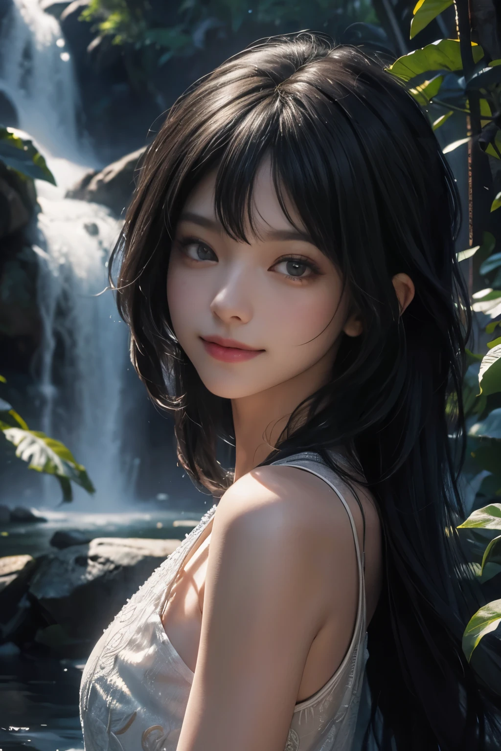 (ultra realistic) , (illustration), (increase resolution), (8K), (extremely detailed), (best illustration), (beautiful detailed eyes), (best quality), (ultra-detailed), (masterpiece), (wallpaper), (detailed face), 1 girl, black straight hair, slender body, delicate details, in the dark, deep shadow, low key, pureerosfaceace_v1, happy smile, summer dress, waterfall, rainforest