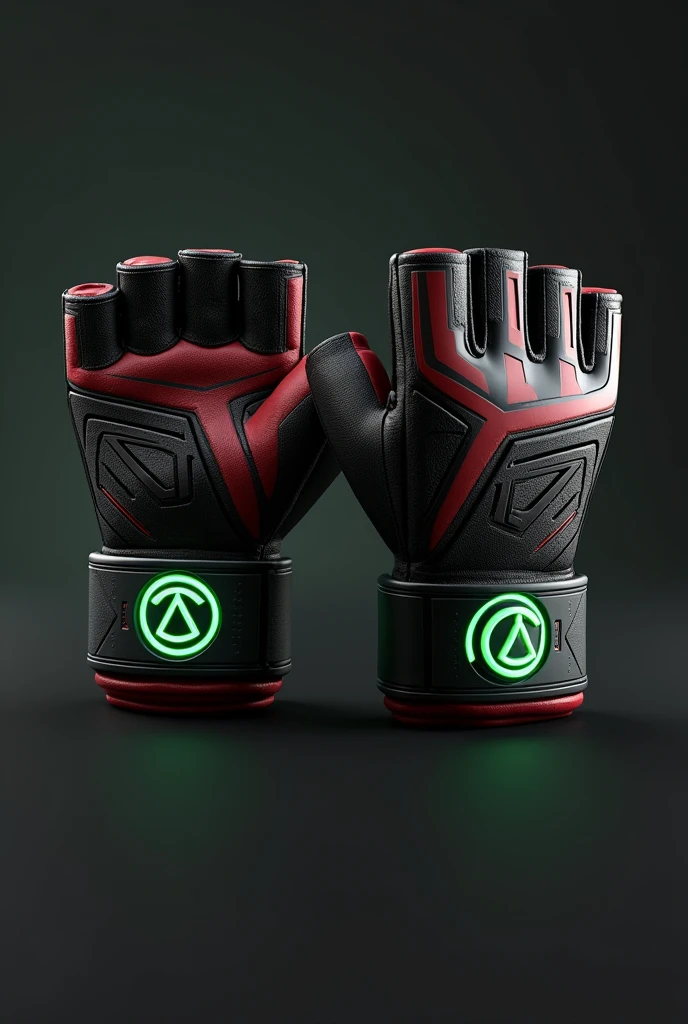 Prompt: Create an image of a pair of UFC gloves designed with the theme of the Omnitrix from the Ben 10 series. The gloves should be compact, sleek, and designed to fit comfortably on both hands. The main colors are black and red, with the black ting the outer surface and the red accentuating certain features. The iconic Omnitrix symbol should be prominently displayed on the back of each glove, where the wrist meets the hand, glowing in a bright green. The gloves should have a futuristic yet functional design, with subtle patterns or lines inspired by the Omnitrix’s original design running along the knuckles and fingers. The palm side of the gloves should have a simple, smooth finish with a black color, while the inner lining may have hints of red. Ensure the gloves appear durable, with padding that suggests both protection and flexibility, suitable for mixed martial arts.