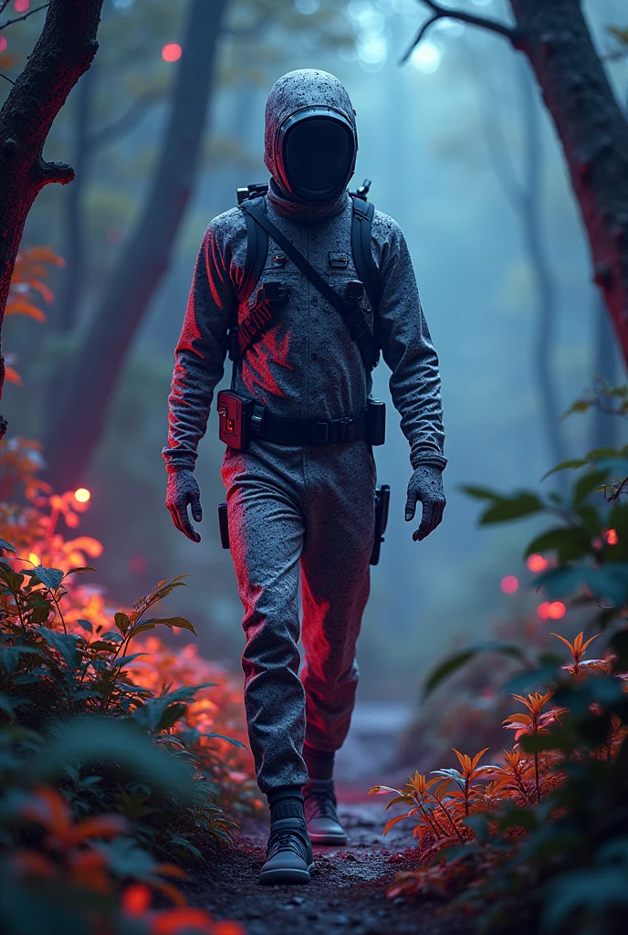A human explorer wearing an adaptive camouflage suit in a bioluminescent alien forest. The suit is changing color and texture to mimic the shiny bark of a nearby tree. Part of the explorer's body is almost invisible, while other parts are still in the process of adaptation."