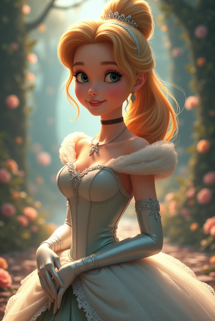 Cinderella、Close-up of a woman in a dress and gloves taking a photo, Disney Art Style, Beautiful character, Disney-inspired art, Very detailedアート、Disney Princesses、whole body、(masterpiece:1.2), (Highest quality), (Super detailed), (8k, 4K, Complex),(Half Body:1.2),(cowboy:1.2),(Very detailed:1.2),(Detailed face:1.2), (Detailed Background),(Portraiture),Detailed landscape,  One girl, alone, smile、whole body、Front upright、