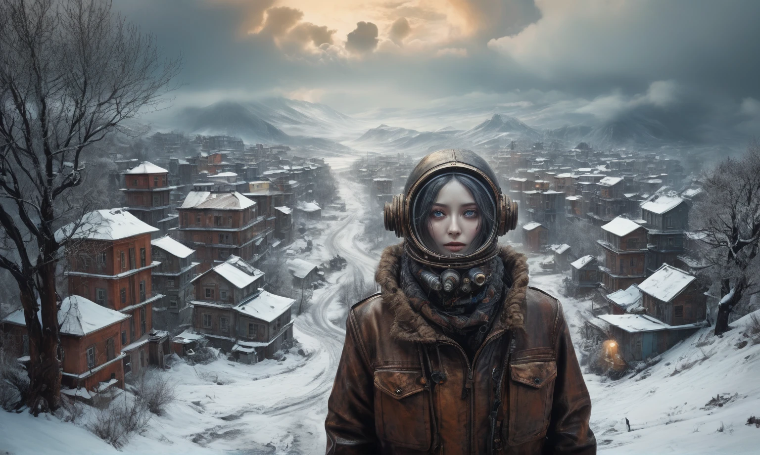 insane pilot from USSR , camouflage Rusty, after a psychiatric clinic,winter,intricate landscape,slate grey atmosphere,film grain,faded,eyes extremely detailed,another world,view from height,once pretty face,eyebrow up,full body shot,ominous landscape, Simon Stalenhag,Nicola Samori,full body shot,beggar paladium The Alien Entity,Technicolor,natural skin textures, hyper realism, hyper detailed,Extremely detailed,High contrast,Masterpiece,Realistic,Ultra Detailed, intricate details,realistic humid leather,extremly intricate,Epic Realistic, cinematic style,irina yermolova,high contrast,hdr,extremely detailed, deep night landscape,masterpiece,intricate details,faded,eyes extremely detailed, high detailed eyes,8k resolution,RAW,retina, Nikon Z9,China,tkt style, transition between two art styles, Ink painting to photorealism, Double contact, X-ray, Creative, vivid light, masterpiece, fantasy, Abstract Surrealism, super detailed, high resolution, stop:35;Her skin is pale, almost translucent,a hot air soars through the layers of clouds, revealing a colossal and enigmatic cityscape nestled within. The buildings in this ethereal city are adorned with intricate details and exude an aura of mystery.  lend an enchanting touch to the scene. steampunk. The intricate mechanics create a sense of wonder and fascination, as if stepping into a dreamlike realism, Glass geometric shapes with a bunch of trees on it, overgrown planet, Fractal World, A lush world of fantasy, fantasy planet, Dyson geometric shapes,  planetary landscape, Jofra Bosschart,psychedelic  Mysterious World