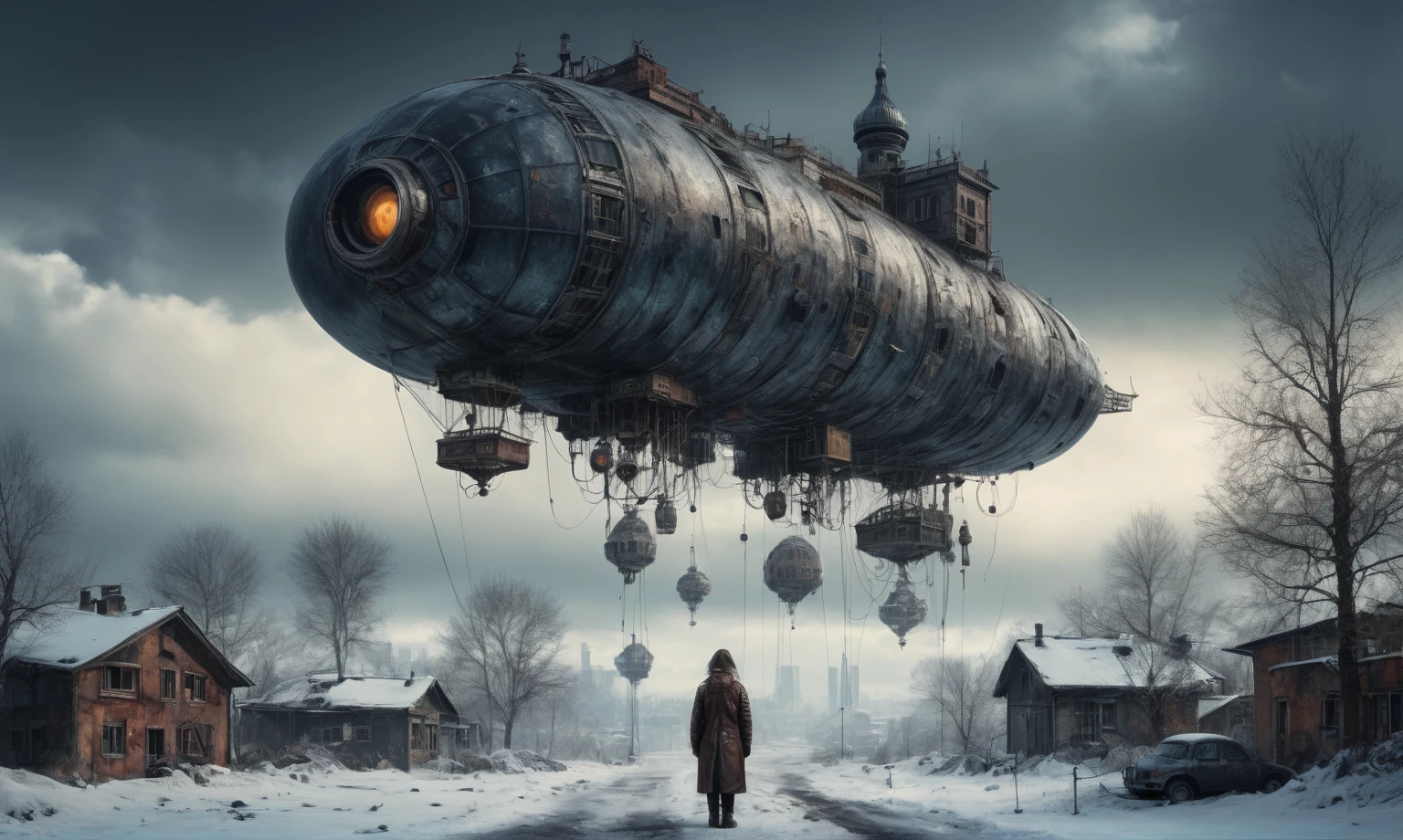 insane pilot from USSR , camouflage Rusty, after a psychiatric clinic,winter,intricate landscape,slate grey atmosphere,film grain,faded,eyes extremely detailed,another world,view from height,once pretty face,eyebrow up,full body shot,ominous landscape, Simon Stalenhag,Nicola Samori,full body shot,beggar paladium The Alien Entity,Technicolor,natural skin textures, hyper realism, hyper detailed,Extremely detailed,High contrast,Masterpiece,Realistic,Ultra Detailed, intricate details,realistic humid leather,extremly intricate,Epic Realistic, cinematic style,irina yermolova,high contrast,hdr,extremely detailed, deep night landscape,masterpiece,intricate details,faded,eyes extremely detailed, high detailed eyes,8k resolution,RAW,retina, Nikon Z9,China,tkt style, transition between two art styles, Ink painting to photorealism, Double contact, X-ray, Creative, vivid light, masterpiece, fantasy, Abstract Surrealism, super detailed, high resolution, stop:35;Her skin is pale, almost translucent,a hot air soars through the layers of clouds, revealing a colossal and enigmatic cityscape nestled within. The buildings in this ethereal city are adorned with intricate details and exude an aura of mystery. lend an enchanting touch to the scene. steampunk. The intricate mechanics create a sense of wonder and fascination, as if stepping into a dreamlike realism, Glass geometric shapes with a bunch of trees on it, overgrown planet, Fractal World, A lush world of fantasy, fantasy planet, Dyson geometric shapes, planetary landscape, Jofra Bosschart,psychedelic Mysterious World