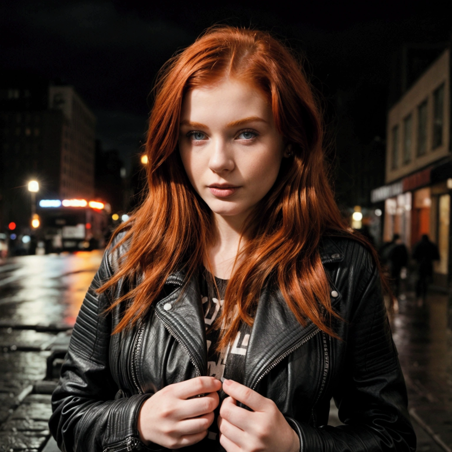 20 year old redhead woman wearing a black leather jacket on a rainy night in new york city
