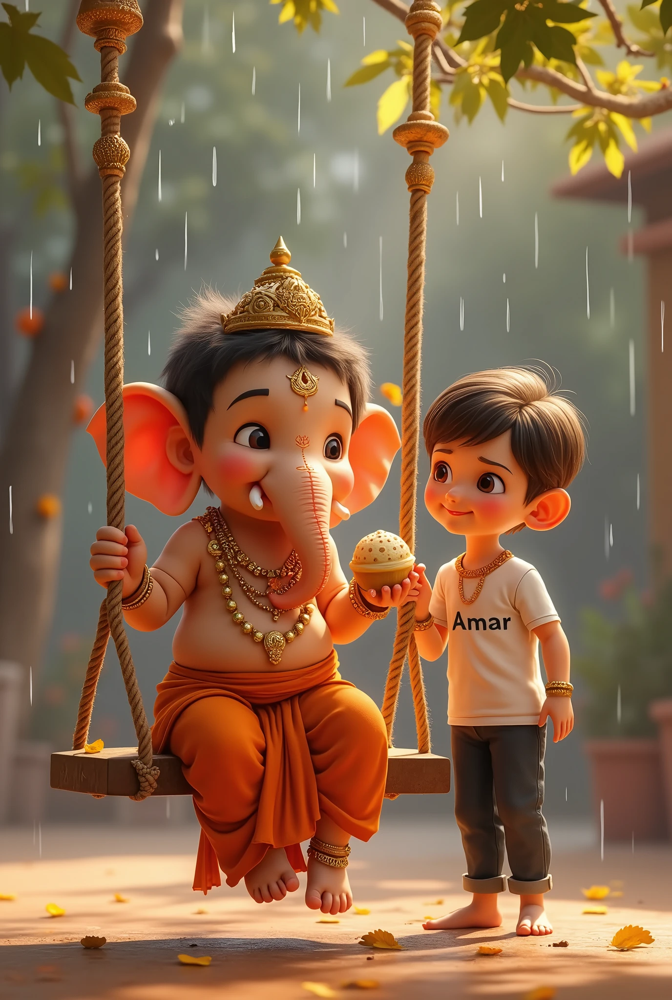"A beautiful scene featuring Lord Ganesha sitting on a swing, depicted in a childlike form. He is holding a modak in one hand, adorned in traditional golden jewelry and an orange dhoti. Beside him stands a small boy with short brown hair, wearing a white T-shirt with the Name 'AMAR' printed on it and dark pants. The boy gazes up at Lord Ganesha with curiosity and affection. The background shows a serene temple setting, with gentle rain falling, adding to the peaceful and heartwarming atmosphere."