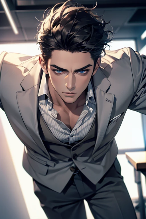 (Best Quality,4k,8k,high resolution,Masterpiece:1.2),ultra detailed,(realist,photorealist,photo-realist:1.37),1 man,31 years,mature man,very handsome,without expresion,muscled body,short gray black hair,Blue eyes,glare,perfect face without mistakes,imposing posture,businessman,office background,cinematic lighting,imagen HDR