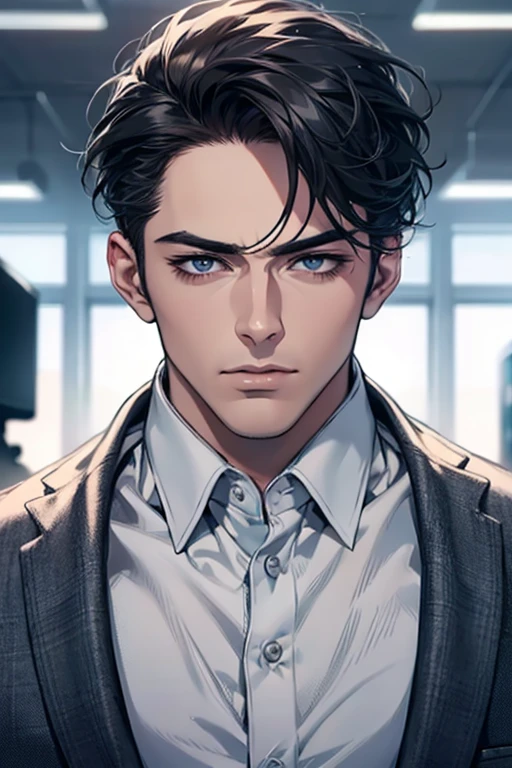 (Best Quality,4k,8k,high resolution,Masterpiece:1.2),ultra detailed,(realist,photorealist,photo-realist:1.37),1 man,31 years,mature man,very handsome,without expresion,muscled body,short gray black hair,Blue eyes,glare,perfect face without mistakes,imposing posture,businessman,office background,cinematic lighting,imagen HDR