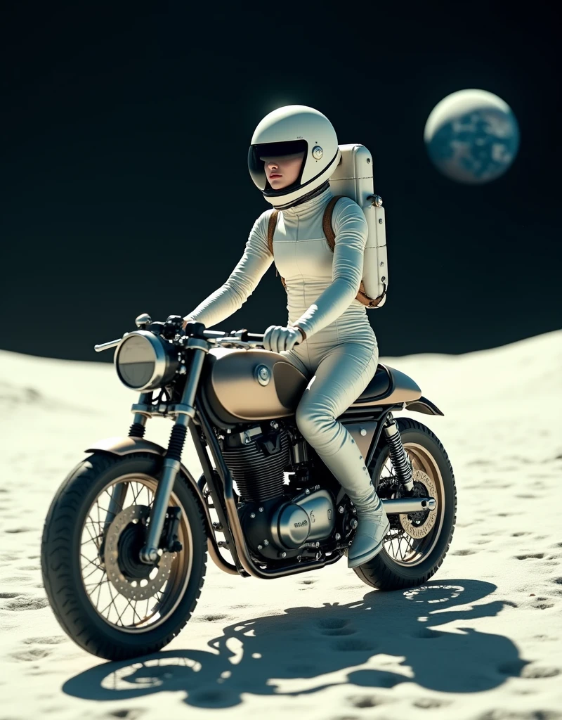 A beautiful young woman from Brooklyn, dressed in a modern astronaut spacesuit, riding a classic cafe racer motorcycle on the surface of the Moon. The Moon's surface is brightly illuminated by the sunlight, creating a stark, bright environment. In the distance, Earth can be seen, floating against the blackness of space. The woman is wearing a sleek, futuristic spacesuit with a helmet, her expression still cool and composed. The motorcycle retains its vintage design, creating a striking contrast between the retro bike and the futuristic lunar setting.