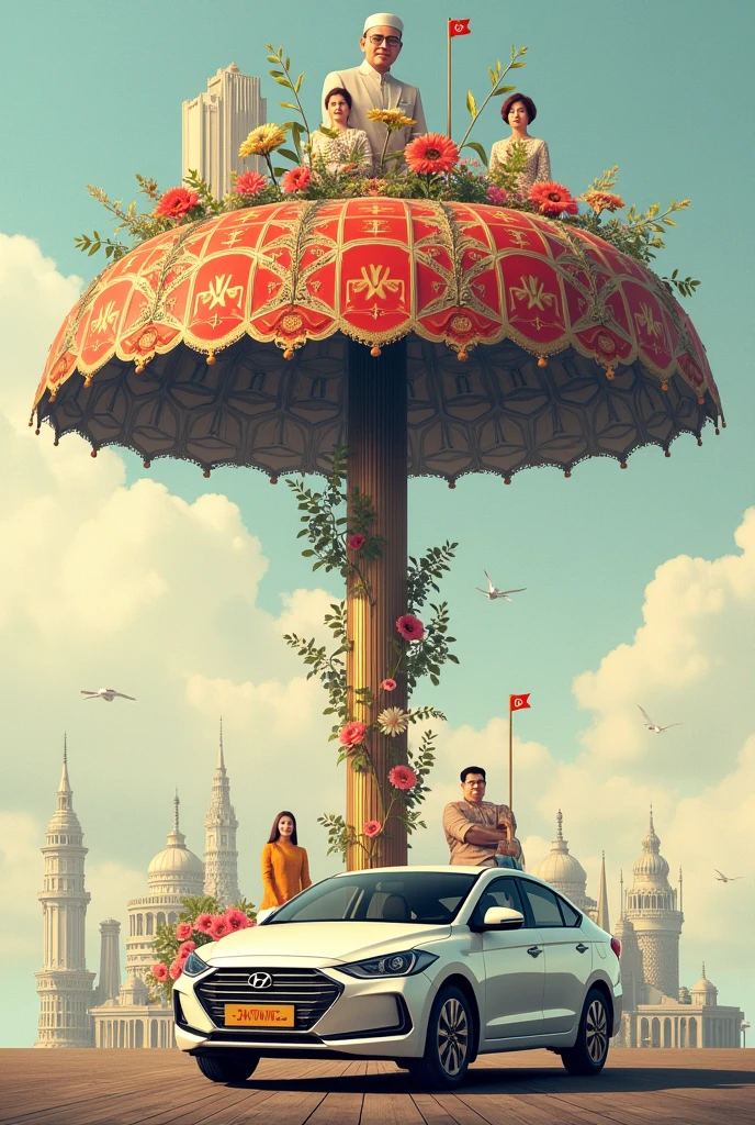 creat a big umbrella,then on a umbrella have a building,flower,prime minister,have a national car then Font a MERDEKA 67TH