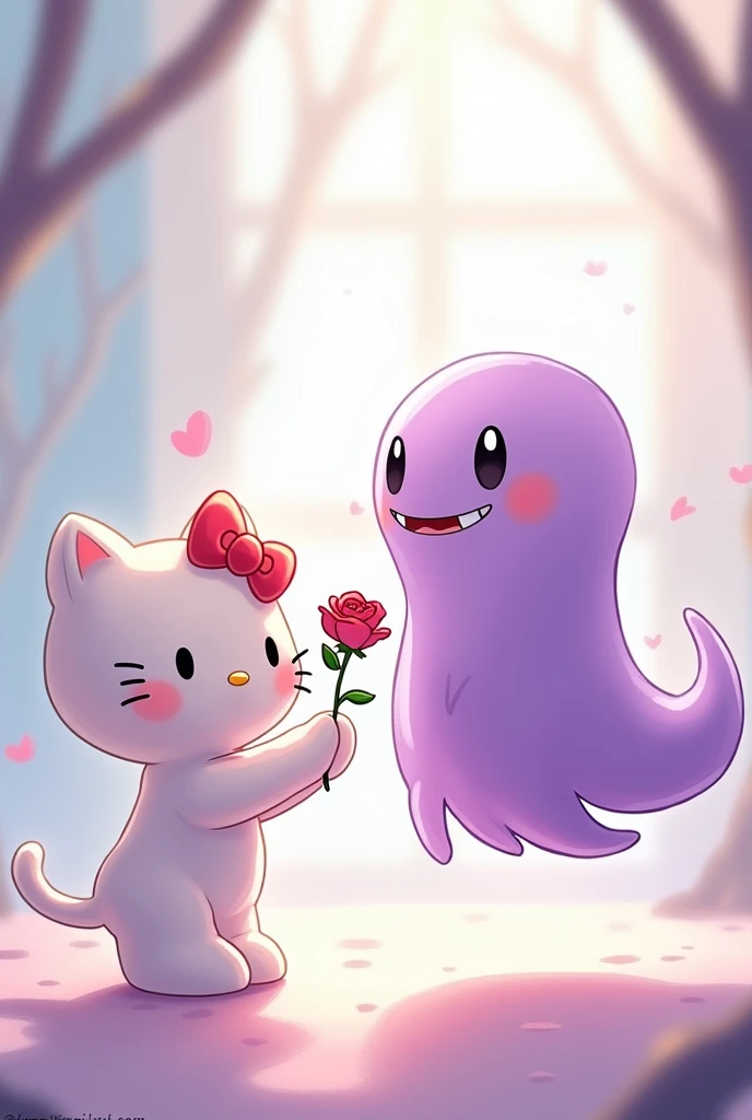 Hello Kitty recibe una rosa del Pokémon gasly