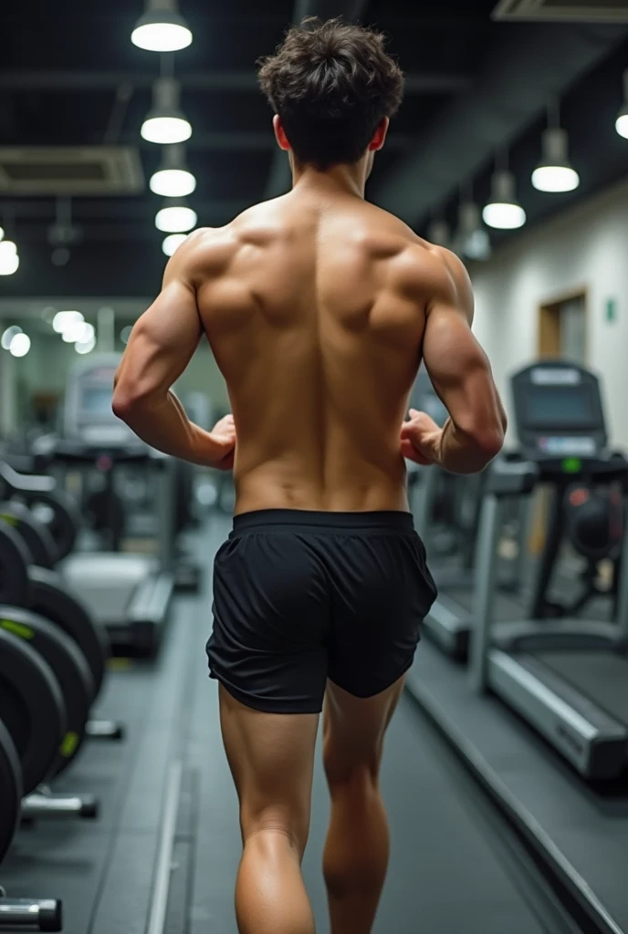 1boy、Photo Quality、Cute handsome man、Mash Hair、Japanese male, 、Completely naked、Full nudity、erection、Huge penis、Highest quality、Realistic、beautiful、Gym、Rear view of running on a treadmill、Completely naked、Butt