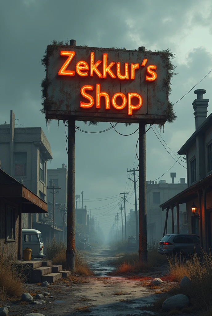 A shop signboard design that said Zekkur's Shop with a dark theme of post-apocalyptic environtment.