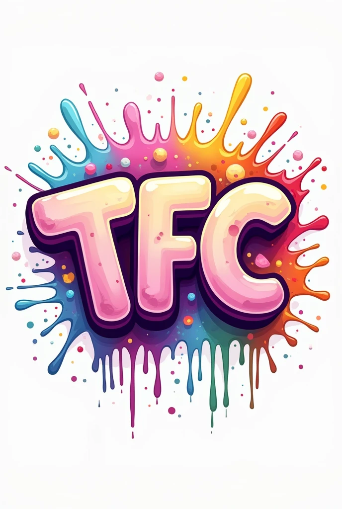 Logo for an ice cream shop with the letters TFC in round letters painted in pastel colors like graffiti with dripping paint exploding in colored ink 