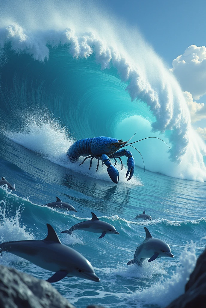 A blue lobster surfing a giant tsunami with dolphins swimming alongside and Jesus watching from heaven