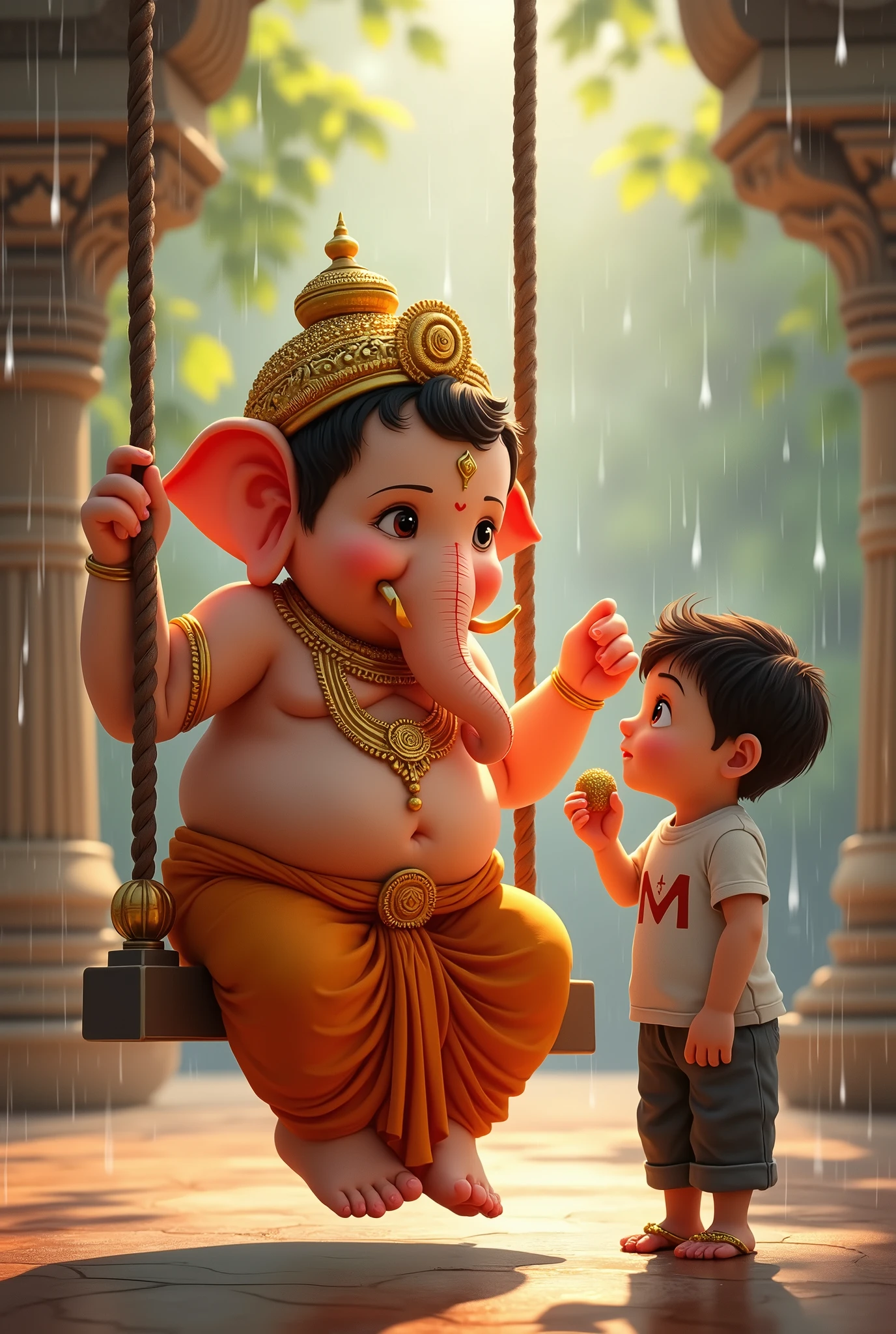 "A beautiful scene featuring Lord Ganesha sitting on a swing, depicted in a childlike form. He is holding a modak in one hand, adorned in traditional golden jewelry and an orange dhoti. Beside him stands a small boy with short brown hair, wearing a white T-shirt with the letter 'M' printed on it and dark pants. The boy gazes up at Lord Ganesha with curiosity and affection. The background shows a serene temple setting, with gentle rain falling, adding to the peaceful and heartwarming atmosphere."