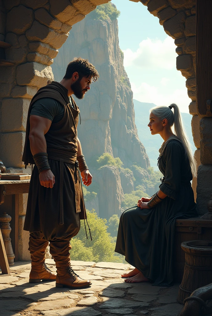 Strong young man with brown hair and short beard, watching from afar and shouting at a young silver-haired woman sitting with her back to a cliff, distracted, both in medieval blacksmith's robes