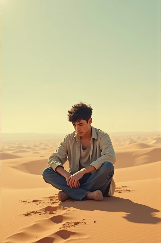 The boy looke like collage students he is very sad and sit alone in desert