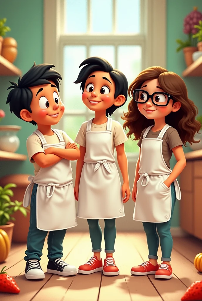 Disney Pixar style image where 3 nutritionists appear standing, a nutritionist boy with short black hair wearing a white apron, a female nutritionist with short brown hair who also has a white apron and a girl with long wavy hair and glasses who has a white apron 
