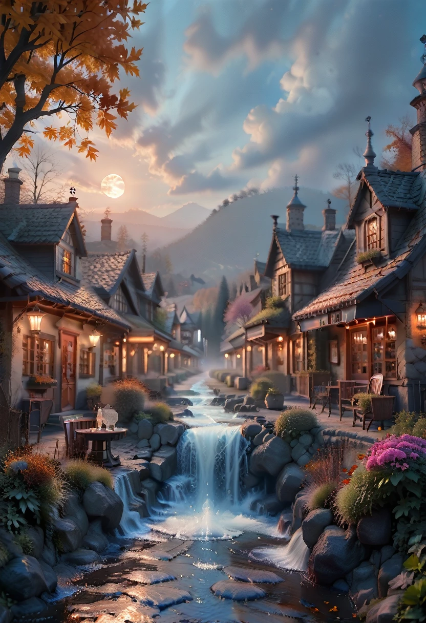 masterpiece, Best quality, high quality, extremely detailed CG 8k wallpaper unit, landscape, Open, Institution, medieval tavern, Autumn sky, autumn twilight, autumn winter, overcast sky, The big moon is shining, award winning photography, depth of field, HDR, flowers, fountain, hydrangea, photorealistic, extremely detailed, difficult, high detail, dramatic, Art in the middle of the road,  trending at artstation, trend at CGSociety, chromatic aberration.