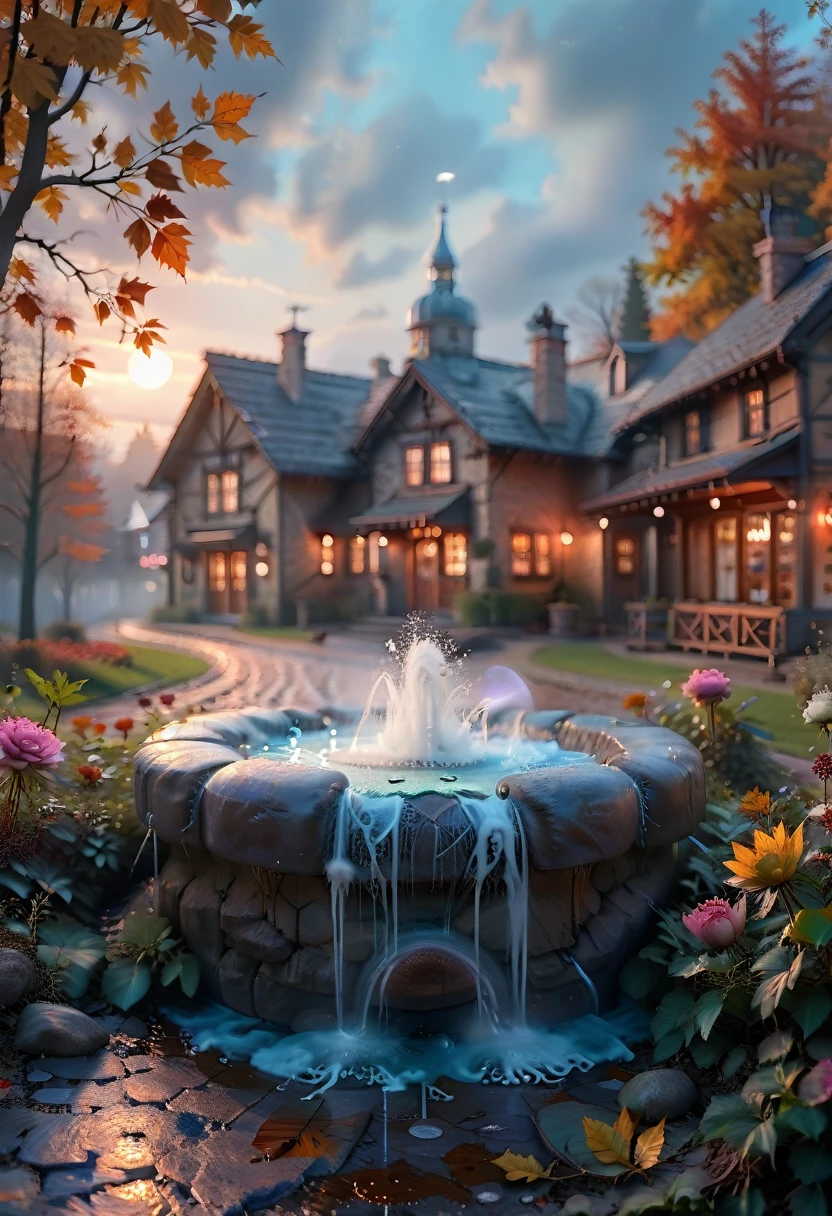 masterpiece, Best quality, high quality, extremely detailed CG 8k wallpaper unit, landscape, Open, Institution, medieval tavern, Autumn sky, autumn twilight, autumn winter, overcast sky, The big moon is shining, award winning photography, depth of field, HDR, flowers, fountain, hydrangea, photorealistic, extremely detailed, difficult, high detail, dramatic, Art in the middle of the road,  trending at artstation, trend at CGSociety, chromatic aberration.