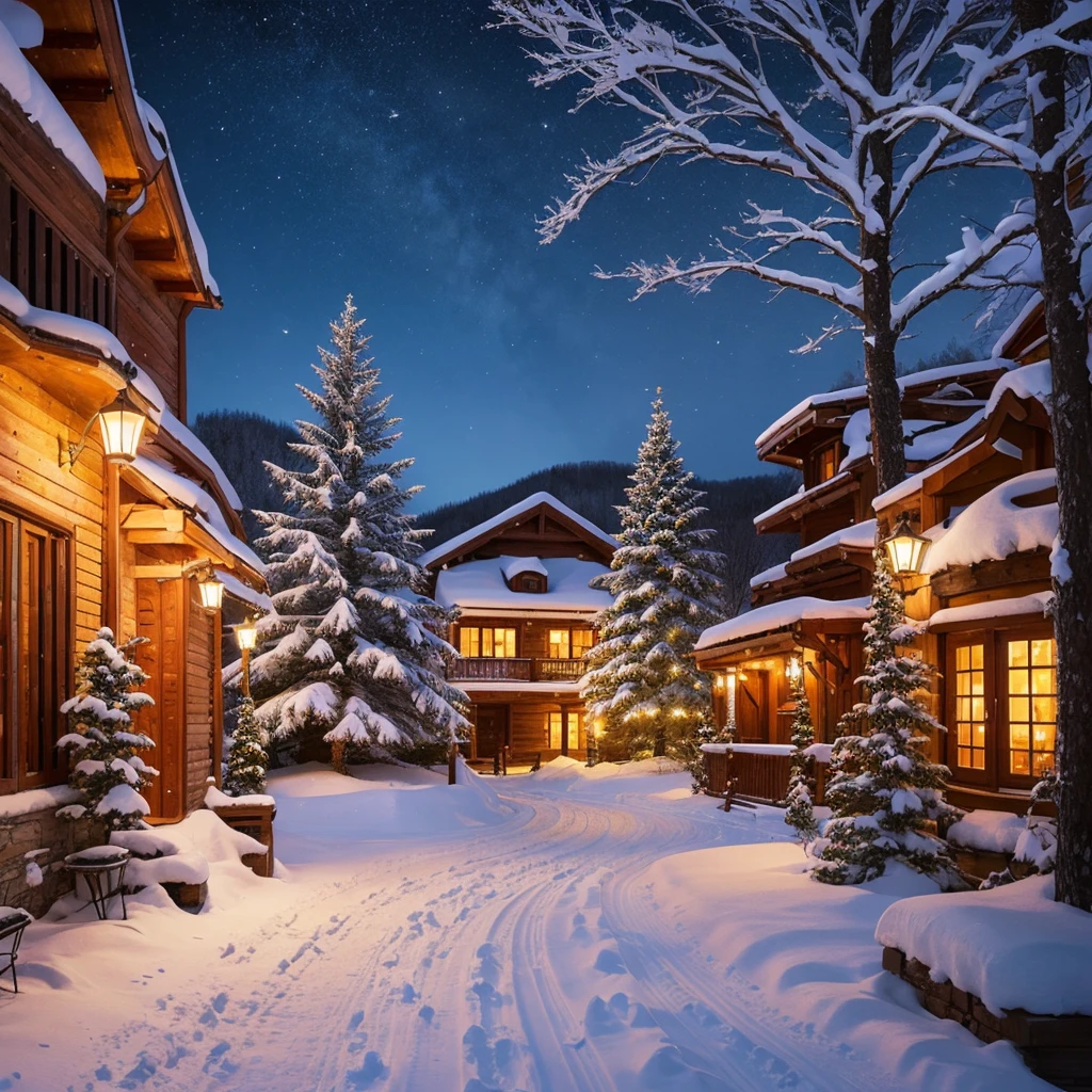 Landscape painting、Background only、Northern Europe、snow、night、Fir tree、the sound of a bell、