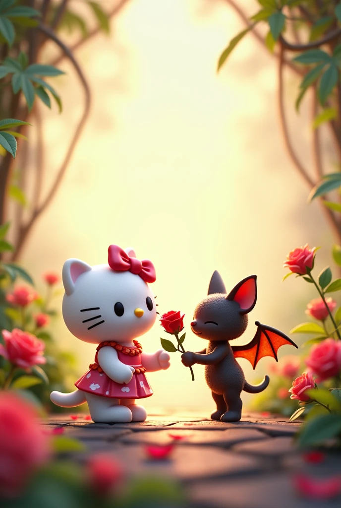 Hello Kitty receives a rose from a bat