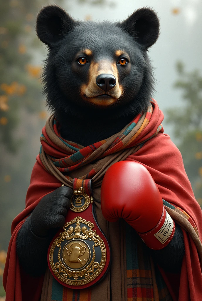 spectacled bear, tender, elegant, beautiful, with typical clothing from the Andean area and something in her wardrobe that characterizes her as a boxer and in black, that it is seen that she is a woman, make her young