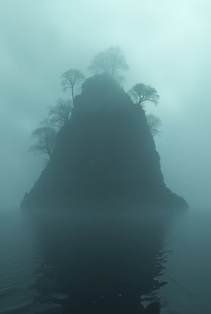Create a haunting image of an island shrouded in thick, rolling mist. The island should be partially obscured, with only the tops of dense, dark trees and jagged rocks visible through the fog. The atmosphere is eerie and mysterious, with the mist swirling around the island, creating an otherworldly feel. The surrounding waters are calm but dark, reflecting the misty sky above. The overall mood is ominous and unsettling, as if the island holds ancient secrets hidden within the dense fog.