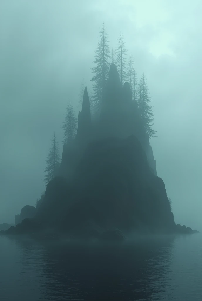 Create a haunting image of an island shrouded in thick, rolling mist. The island should be partially obscured, with only the tops of dense, dark trees and jagged rocks visible through the fog. The atmosphere is eerie and mysterious, with the mist swirling around the island, creating an otherworldly feel. The surrounding waters are calm but dark, reflecting the misty sky above. The overall mood is ominous and unsettling, as if the island holds ancient secrets hidden within the dense fog.