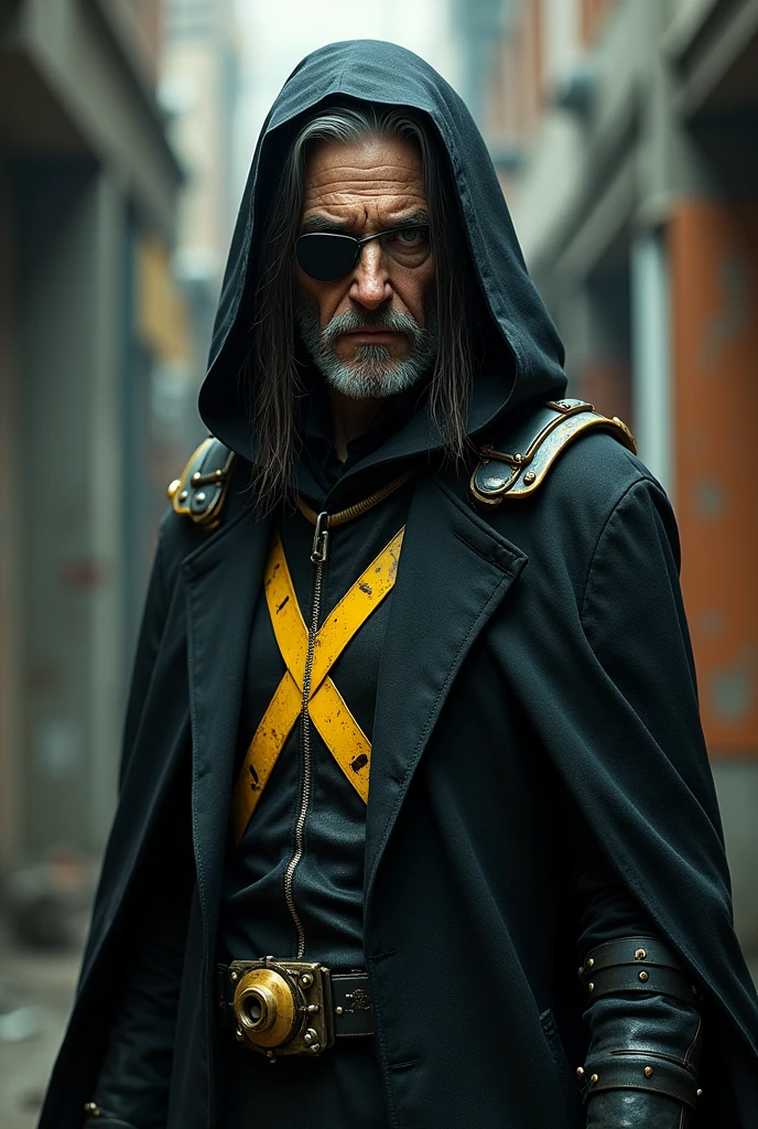 black hair, a little old, hair a little long, black cloak, left eye closed with a patch, yellow iron X in the middle of the suit, cuberpunk costume