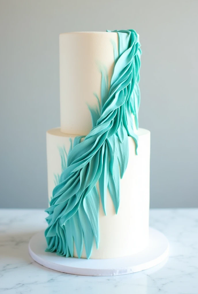 white 2-tier cake with turquoise-colored details brushed vertically in whipped cream