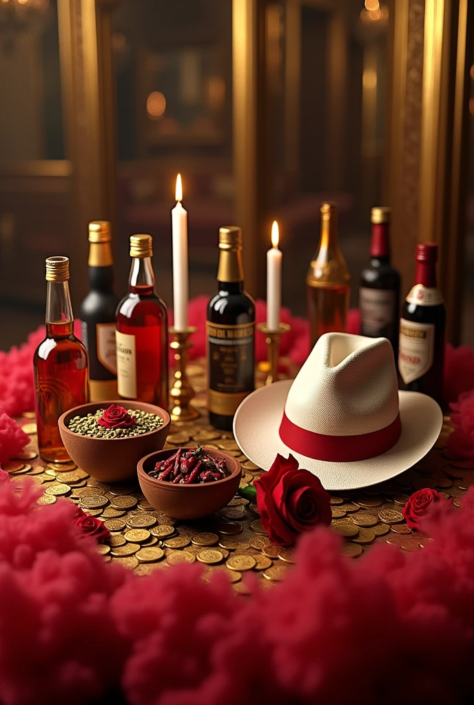 Luxury cabaret, with lots of details, full of gold and in the middle several macumba works, umbanda, clay bowl, clay bowls with farofa, chili pepper, red roses , dados, gold-coins, white and red candles lit and melted, bottles of whiskey and bottles of beer, red smoke at the bottom of the image, a white Panama hat with a red band, without any person, cabaret, African matrix, umbanda, money