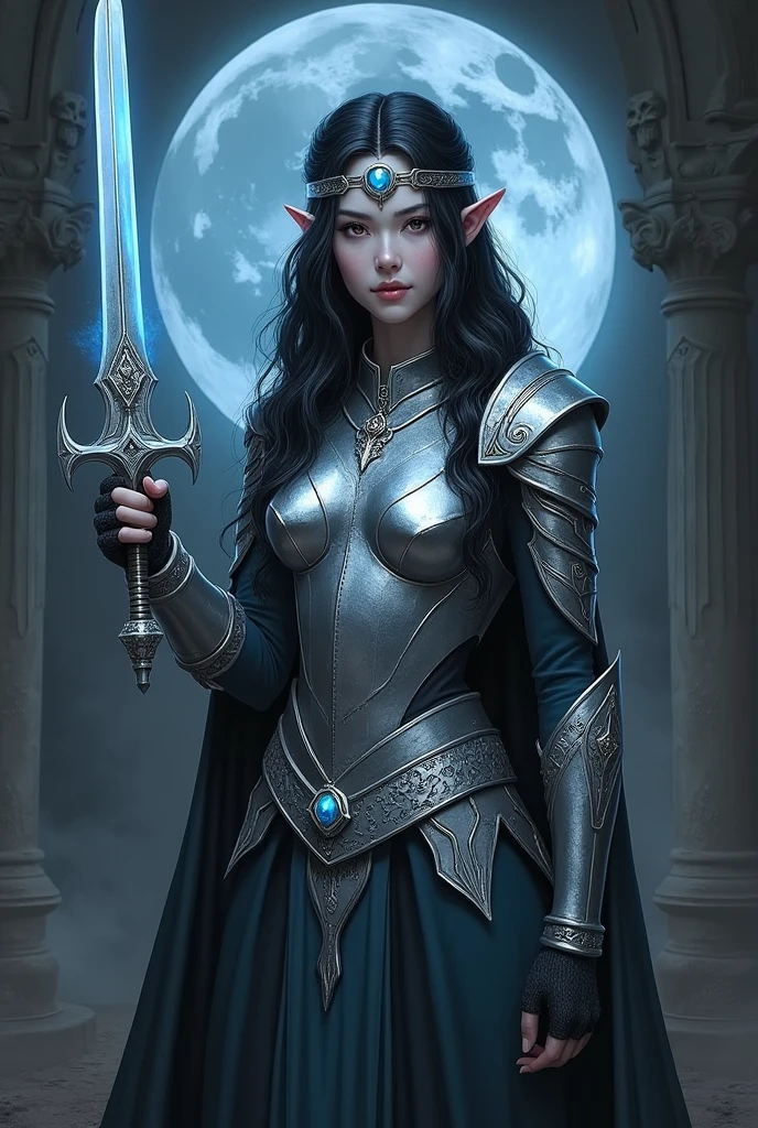 A painting of a moon elf set in the world of Dungeons & Dragons. She is a warlock cleric that wears silver armor that holds a moonstone gem in the middle. She wear a circlet branded with a moon symbol. She has long wavy black colored hair with a blue tint to it. She has pale skin and thick pout. She is holding a dagger that has a glowing blue aura around it. In the art style of Yoji Shinkawa