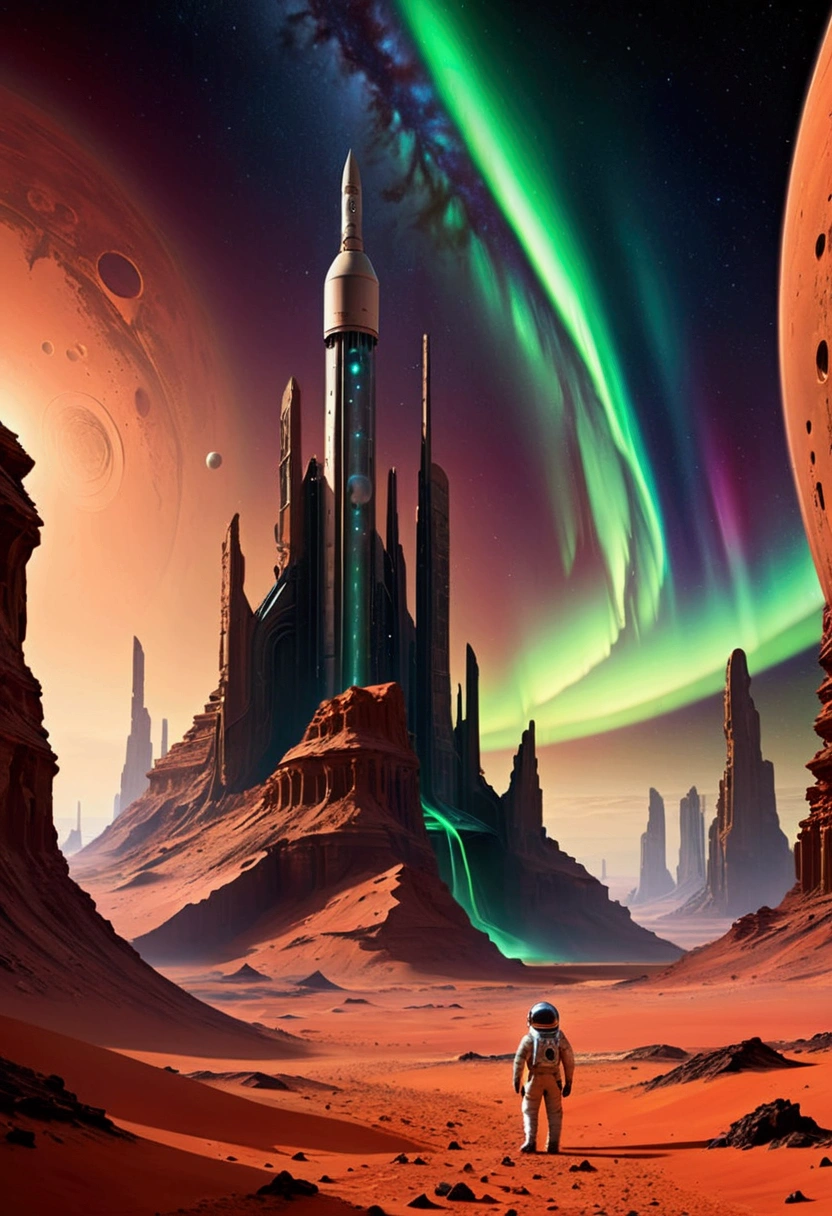 landscape, Northern Lights in the sky, (The architectural remains of an extraterrestrial civilization are on Mars.),Crumbling structure,The environment is desolate,Infinite horizon,Atmospheric perspective,(Astronaut explorer),Weird atmosphere,(Strange symbols),Surreal landscape, dusty red sand,(Sci-fi concept art),(Highest quality detailed illustrations,4K,high resolution,masterpiece:1.2),High Dynamic Range,