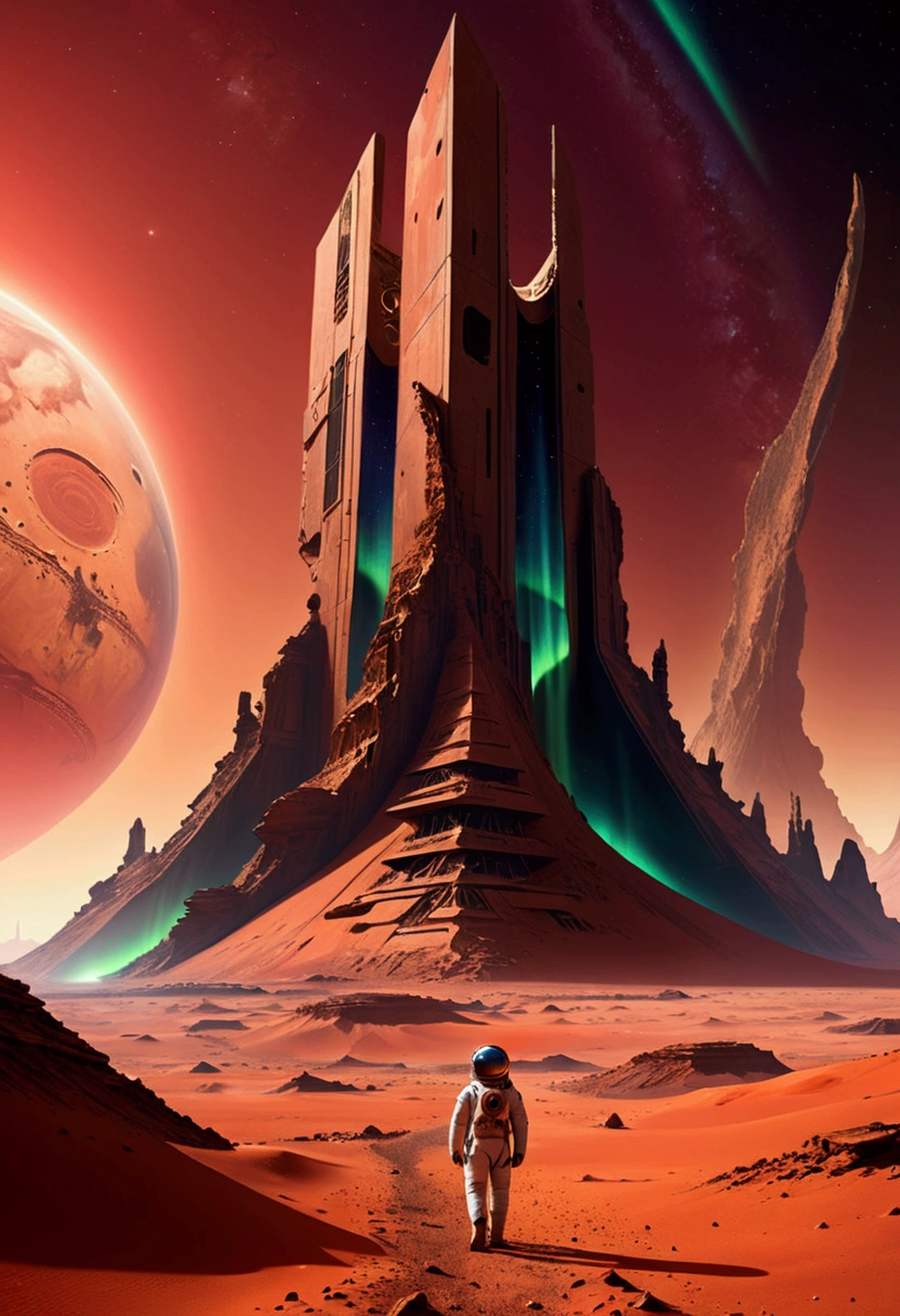 landscape, Northern Lights in the sky, (The architectural remains of an extraterrestrial civilization are on Mars.),Crumbling structure,The environment is desolate,Infinite horizon,Atmospheric perspective,(Astronaut explorer),Weird atmosphere,(Strange symbols),Surreal landscape, dusty red sand,(Sci-fi concept art),(Highest quality detailed illustrations,4K,high resolution,masterpiece:1.2),High Dynamic Range,