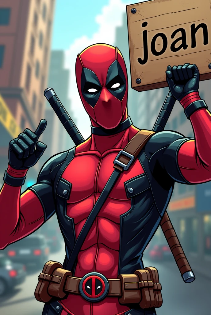 Deadpool with a sign that says Joan