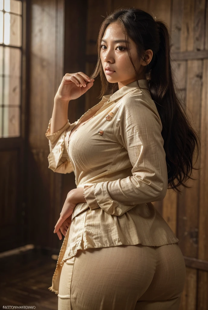 1girl, beautiful detailed asian woman, young, vietcong, communist, huge detailed ass, thick detailed thighs, busty chest, full cloth shirt, flared cloth pants, uniform, communist cap, paddy field, messy luscious hair, detailed face, penetrating eyes, long ponytail, beautiful detailed lips, extremely detailed skin, detailed clothing, (best quality,4k,8k,highres,masterpiece:1.2),ultra-detailed,(realistic,photorealistic,photo-realistic:1.37), natural lighting, warm color tones, cinematic composition, thicc, natural, natural lashes, no makeup, glistening sweat