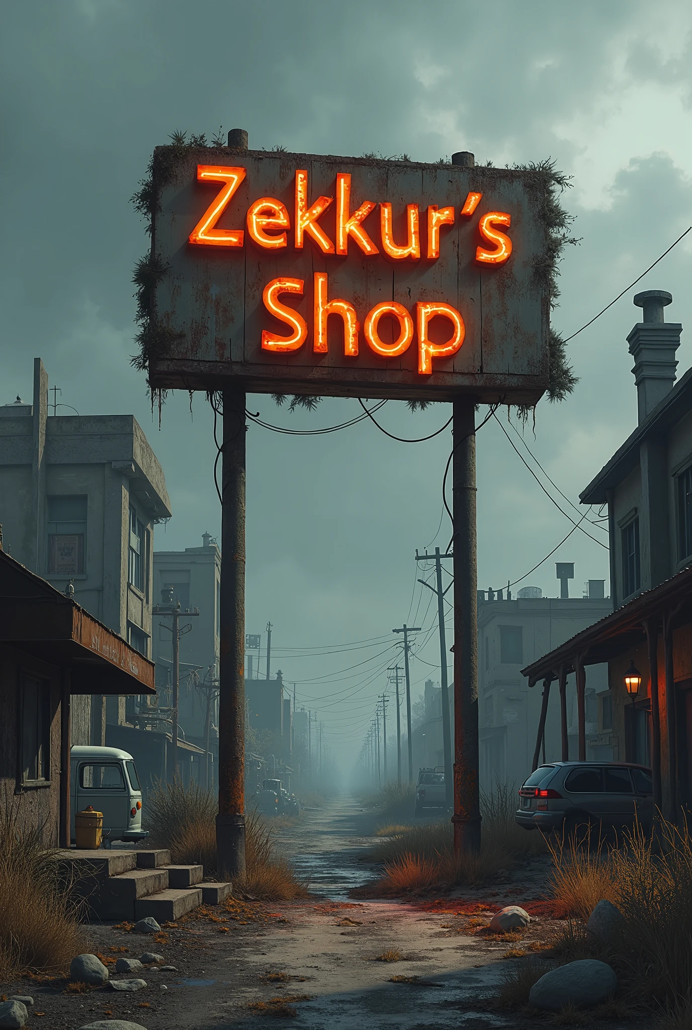 A shop signboard design that said Zekkur's Shop with a dark theme of post-apocalyptic environtment.