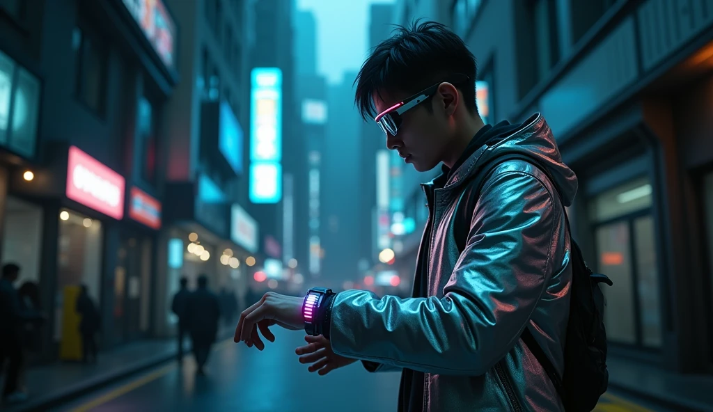 far camera shot, Asian male character stands in front of a square hologram logo with the words "UrBox", character reaches for the device on his wrist, trying to connect. Outfit: Silver jacket, wae glass, strong gestures. Setting: Small alley between cyberpunk buildings. Lighting: Dark colors, faint blue lights from billboards. Effects: LED strips on the device gradually glow. Special: The scene evokes a sense of suspense and anticipation.