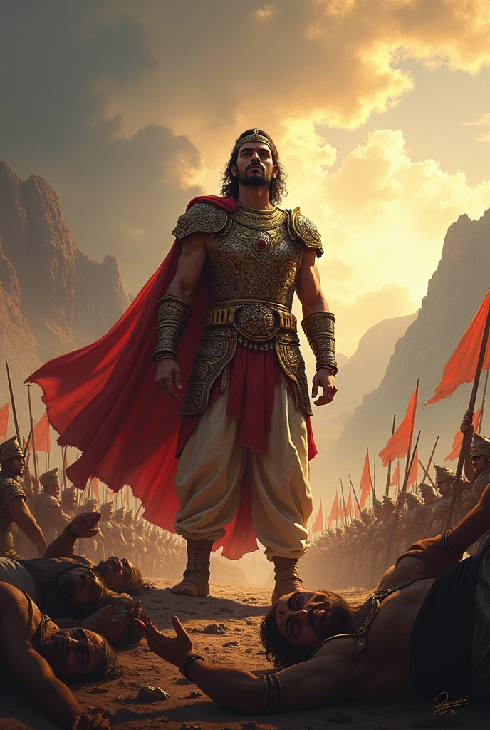 An image depicting Prithviraj Chauhan standing triumphantly after successfully striking down Ghori, even though he is blind. The background can feature shocked soldiers or a symbolic representation of victory and resilience.