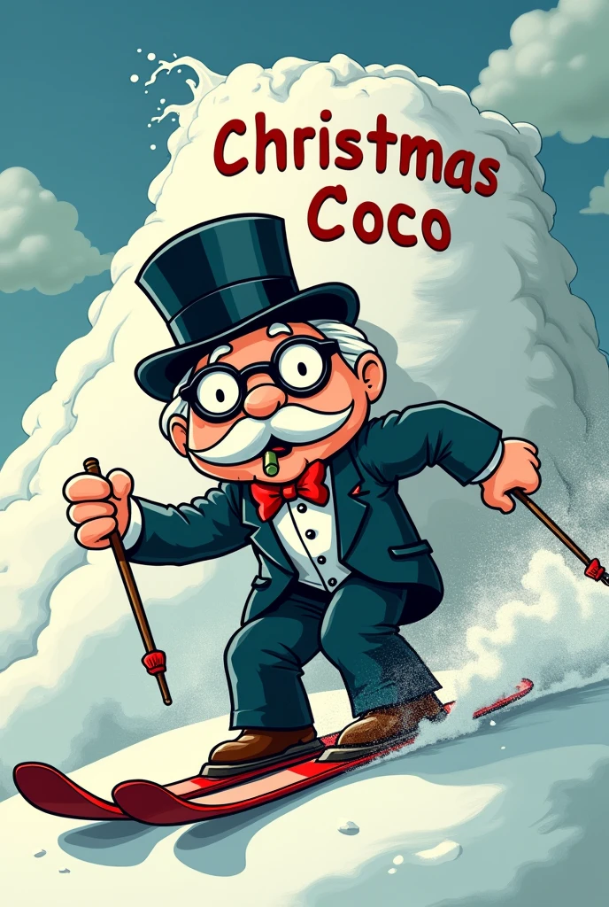 Mr. Monopoly with black glasses with a joint in his mouth completely wasted who skis down a mountain with a big bag full of white powder and on the mountain an avalanche behind him with Christmas coco written on the avalanche and in cartoon style