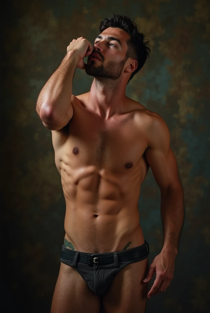 Guy masturbating and with his eyes rolled back with lust with his cock super wet and cumming, hairy legs and full balls, the whole body sweaty and tanned