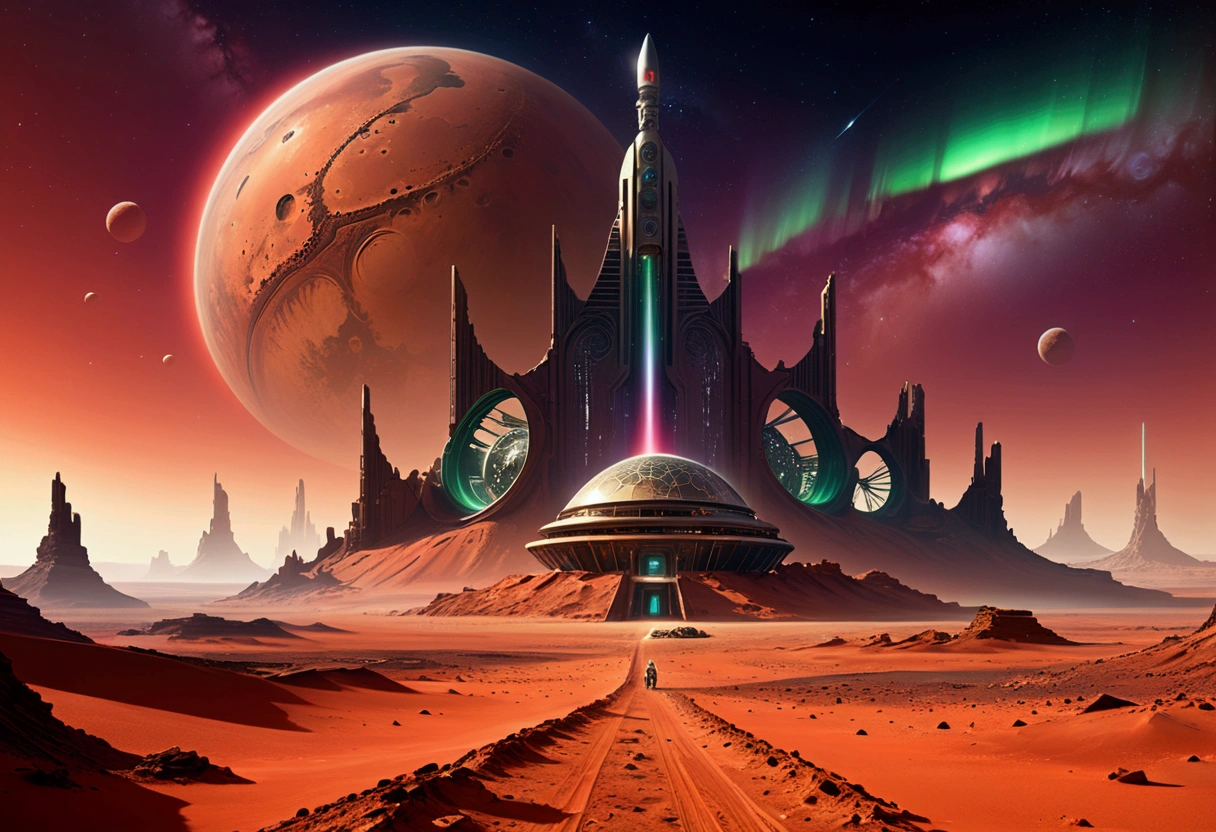 landscape, Northern Lights in the sky, (The architectural remains of an extraterrestrial civilization are on Mars.),Crumbling structure,The environment is desolate,Infinite horizon,Atmospheric perspective,(Astronaut explorer),Weird atmosphere,(Strange symbols),Surreal landscape, Unobstructed panoramic views,dusty red sand,(Sci-fi concept art),(Highest quality detailed illustrations,4K,high resolution,masterpiece:1.2),High Dynamic Range,