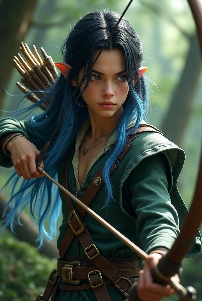 a super handsome elf boy with black hair and blue tips, that he has muscles with archer skills and light gray eyes