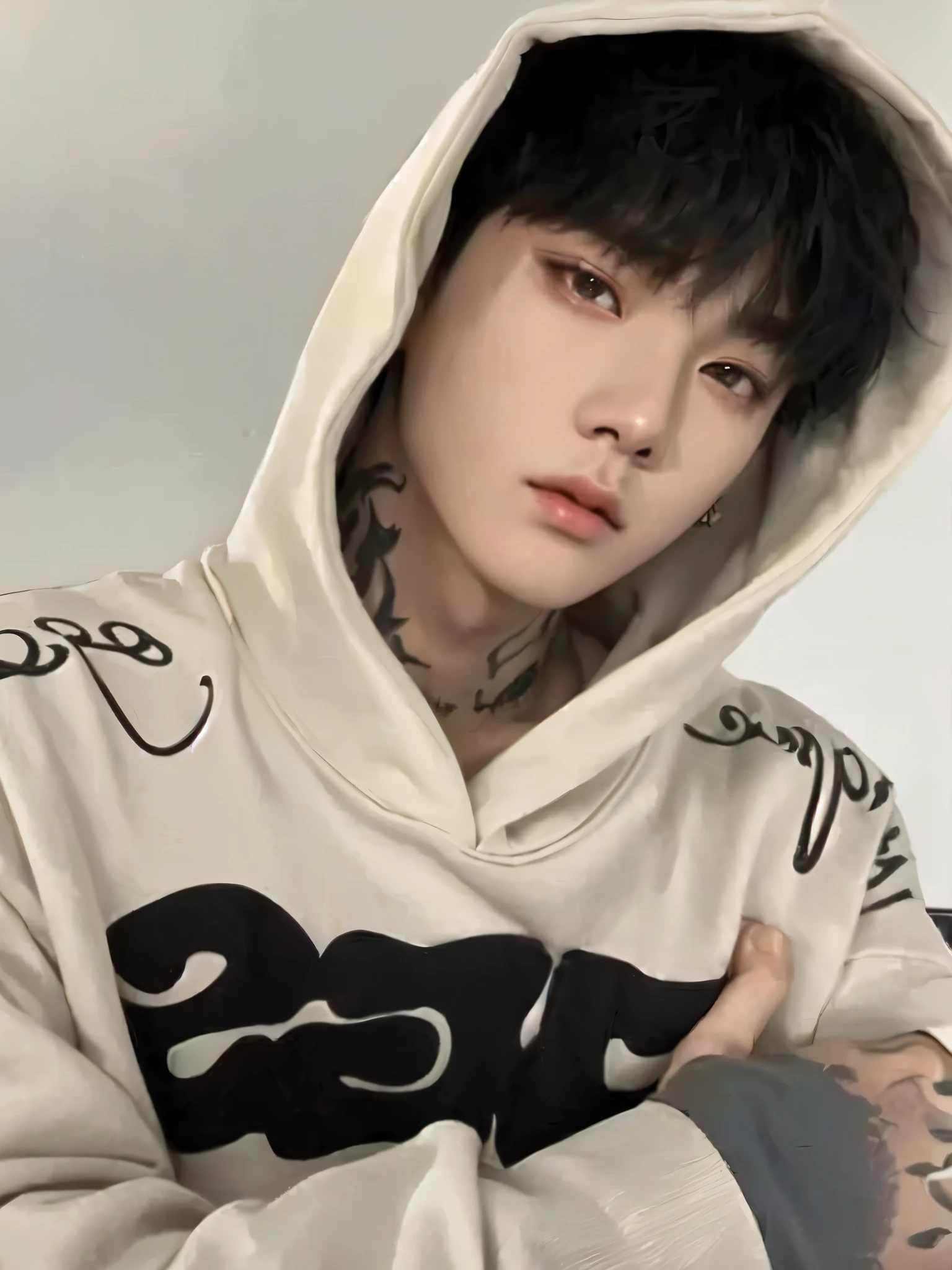 a close up of a person wearing a hoodie with a tattoo on his arm, male ulzzang, jungkook, cai xukun, kim doyoung, 1 boy thin face, jinyoung shin, ulzzang, wan adorable korean face, inspired by Bian Shoumin, kanliu666, south korean male, handsome japanese demon boy